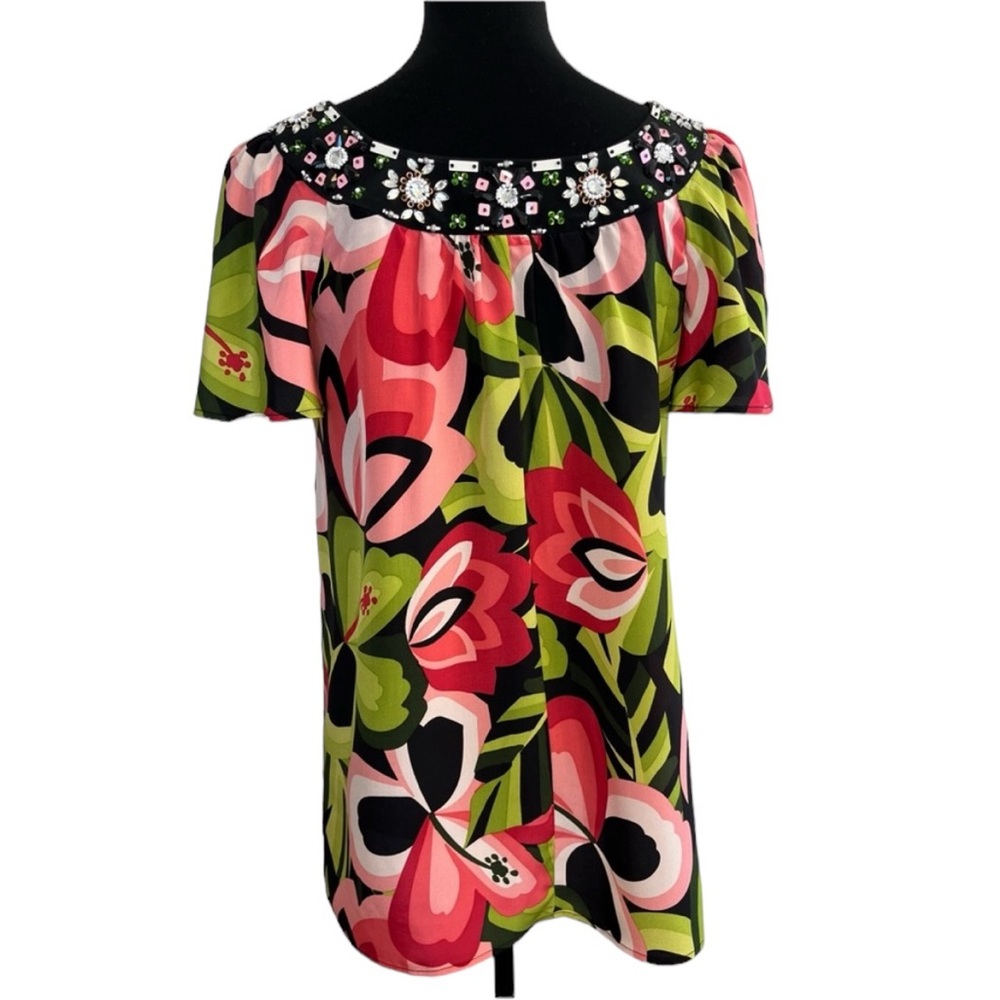 Nanette Lepore Embellished Multicolor Scoop Neck Top Size 2 - Picture 3 of 9